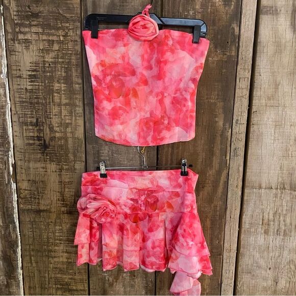 NWT SUPERDOWN Mila Corset Set Pink print mesh mini dress top skirt Revolve M - Picture 10 of 14